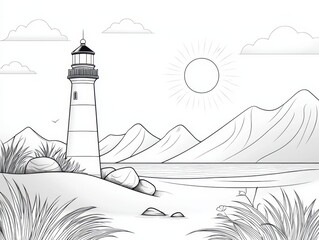 Serene Lighthouse Scene with Mountains and Sun in a Tranquil Landscape