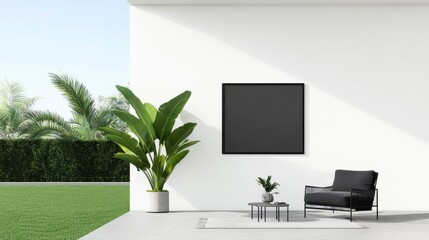 Modern outdoor living space with greenery and art
