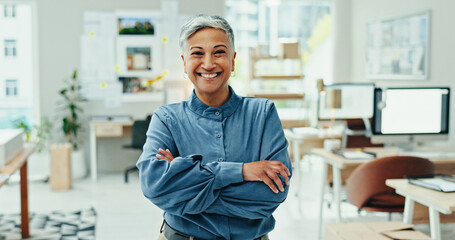 Crossed arms, office and portrait of business woman with confidence, ambition and company pride....