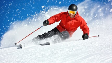 Dynamic Skiing Action on a Snowy Mountain Slope in Winter