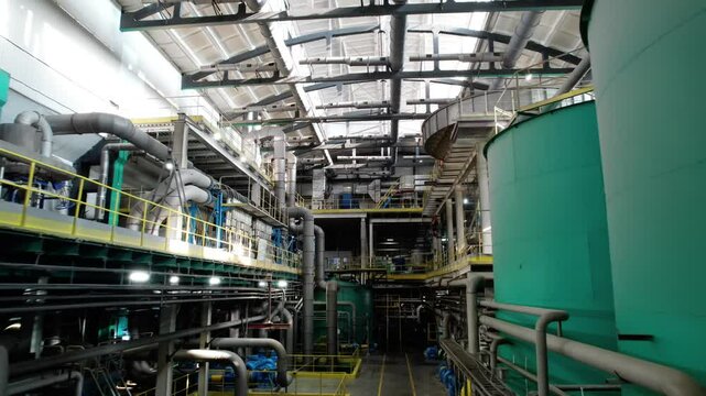 Work premise with equipment operating at production of cardboard. Pipes provide water for machinery delivering liquid pulp throughout workshop