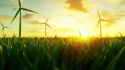 Wind turbines stand tall amidst a field of lush green grass, with the sun setting behind them, casting a warm glow