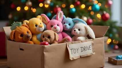 A kind of shabby, rectangular, cardboard box filled with various plush toys: teddy bears, rabbits, and cats