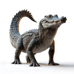 Fototapeta premium Krokodil Aligator Nahaufnahme schuppig gefährlich mit Maul voller scharfer Zähne Echse vor weißem Hintergrund isoliert Raubtier gefährlicher Fleischfresser 