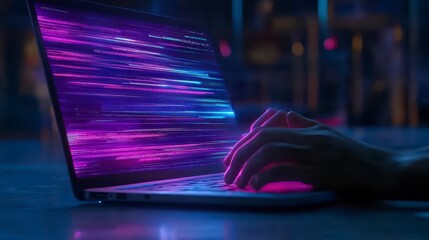 Fototapeta premium Futuristic laptop with vibrant digital data flow