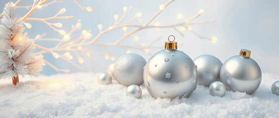 A serene winter display of silver Christmas ornaments on snowy ground, accented by delicate frosted branches and warm fairy lights.
