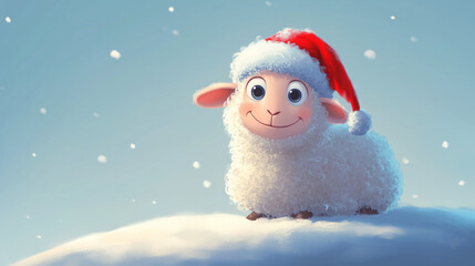 Cartoon Sheep in Santa Hat on Snowy Hill for Holiday Decorations