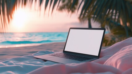 A laptop is open on a beach, with the ocean in the background. Concept of relaxation and leisure, as the laptop user can enjoy the beautiful view while working or browsing the internet
