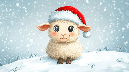 Cartoon Sheep in Santa Hat on Snowy Hill for Holiday Decorations