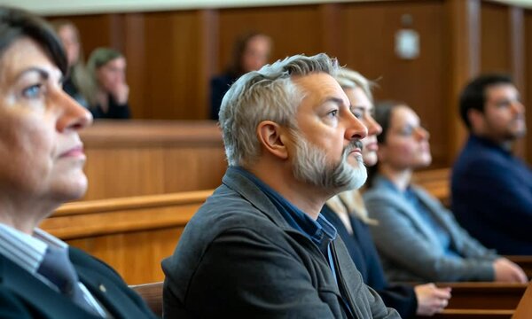 Attentive man listening intently in a courtroom setting, surrounded by other individuals.