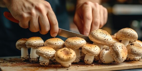 A person cutting mushrooms on a cutting board with a knife, great for food and cooking related uses