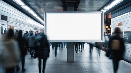 clean white billboard located in the subway, in the middle of people passing by. billboard mockup for text.