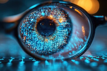 A detailed view of a magnifying glass zoomed in on a computer keyboard, highlighting the small details of typing and technology