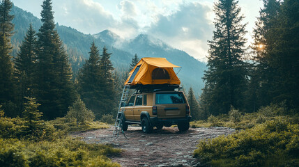 Tent perched atop camping car, adventure vehicle ready for tourism in forest, summer trip to mountains awaits, nature calls as camp setup begins, travel enthusiasts prepare for outdoor journey. - Powered by Adobe