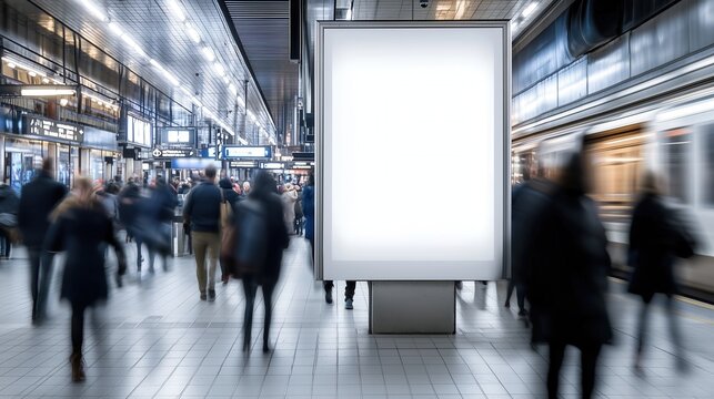 clean white billboard located in the subway, in the middle of people passing by. billboard mockup for text.