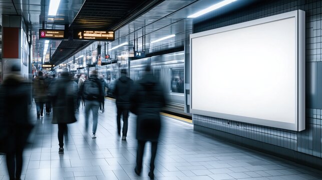 clean white billboard located in the subway, in the middle of people passing by. billboard mockup for text.