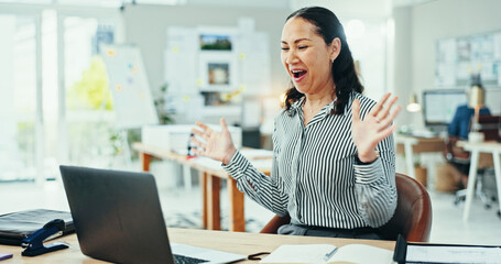 Happy woman, surprise or winning with laptop for good news, promotion or celebration at office. Excited, female person or employee with smile on computer for amazing offer, deal or prize at workplace