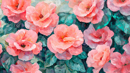 A painting of pink flowers with green leaves