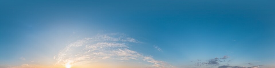 Sky 360 panorama - Bright blue sky filled with fluffy white Cirrus clouds. Seamless hdr spherical 360 panorama. Sky dome sky replacement for aerial drone 360 panoramas. Weather and climate change