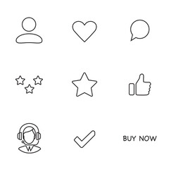 Vector icon set representing social network functionalities with user engagement elements and action prompts for online interactions. Black linear icons on a transparent background.