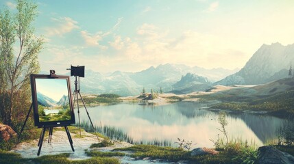 Scenic outdoor painting setup by tranquil mountain lake