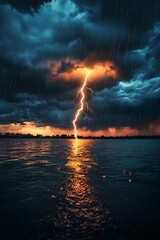 Obraz premium Lightning Striking Over a Tranquil Lake at Dusk With Dramatic Clouds and Rain Creating an Intense Atmosphere