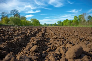 A dirt field with trees in the background