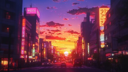 Fototapeta premium Vibrant sunset over a city street with neon lights.
