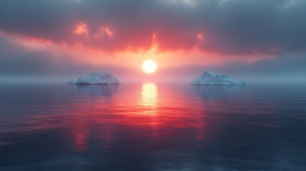 Obraz premium A sunset over the ocean with two ice caps in the background