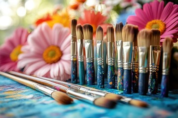 Obraz premium A collection of paintbrushes resting on a table, ready for use