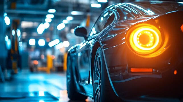 A completed car rolling off the production line with bright lights highlighting its finish.
