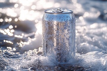 A can of soda resting on the surface of calm water