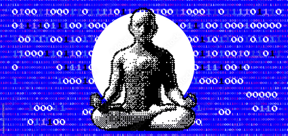Poster Pixel art man in lotus pose on background with binary code. Conceptual vector illustration of the fusion of technology and spirituality.