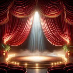 leere Bühne hell im Scheinwerfer Licht beleuchtet schillernd vor gold rotem Samt Vorhang geöffnet, wie zur Premiere Gala Vorführung als freie Fläche für Produkt Platzierung Werbung Vorlage Hintergrund