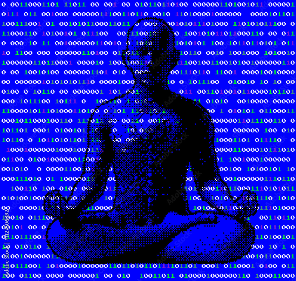 Aufkleber Pixel art man in lotus pose on background with binary code. Conceptual vector illustration of the fusion of technology and spirituality.