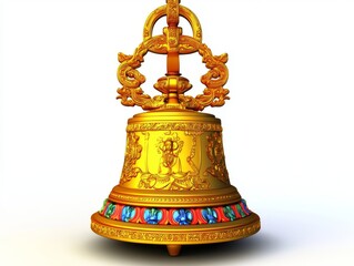 A decorative floral ceramic bell with a white isolated background.A white isolated background featuring a decorative floral ceramic bell.A decorative floral ceramic bell set against a white isolated