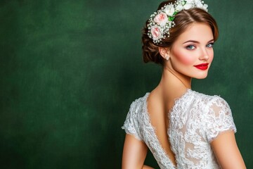 Fototapeta premium Caucasian young female bride in elegant lace wedding dress with floral hairpiece