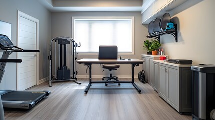 A dual-purpose home office with a foldable desk and exercise equipment nearby.