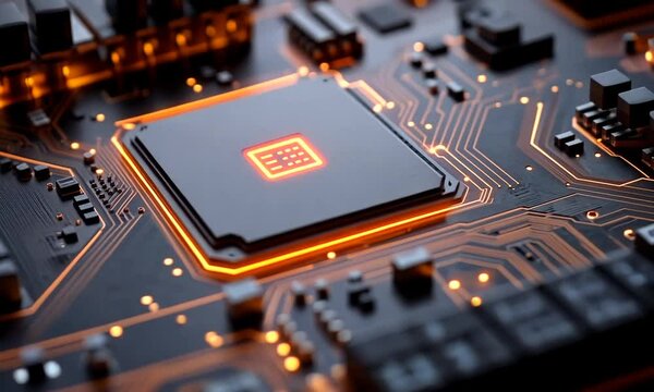 Close-up of a computer circuit board with glowing orange lines highlighting a central processor.
