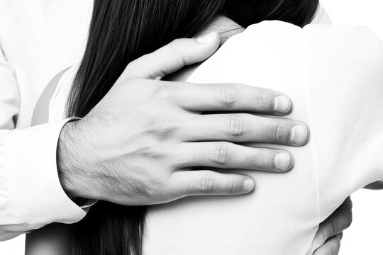 Close-up of male hand comforting female shoulder in black and white