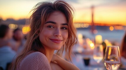Happy woman enjoying dinner in a restaurant with a glass of wine, with the golden gate bridge in the background at sunset