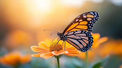 Obraz premium A monarch butterfly perched delicately on an orange flower, with a soft, blurred background of golden hues