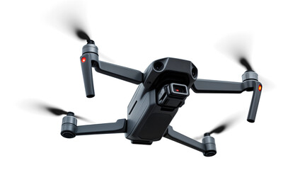 Modern Drone with Camera Isolated on Transparent Background, PNG Cut Out. Quadcopter in Flight, Aerial Photography and Videography Concept.