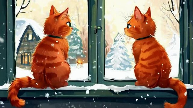 "Two Cats Looking Out Window at Snow"


