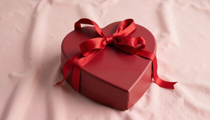 Heart-shaped chocolate gift box with red ribbon on pink fabric