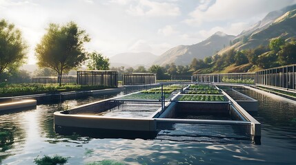 Hydroponic farm with various plants growing in water channels, nestled in a scenic mountain landscape at sunrise.