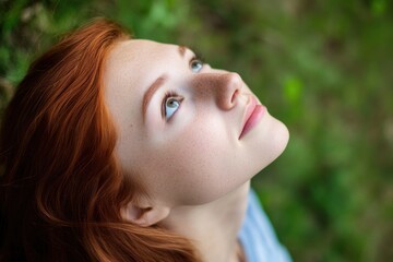 Fototapeta premium A woman with striking red hair looks up at the sky, lost in thought