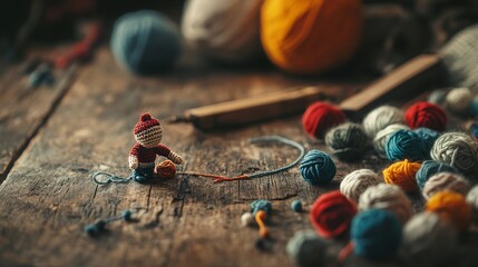 A small doll is sitting on a table with a ball and a bunch of yarn. The doll is wearing a red hat