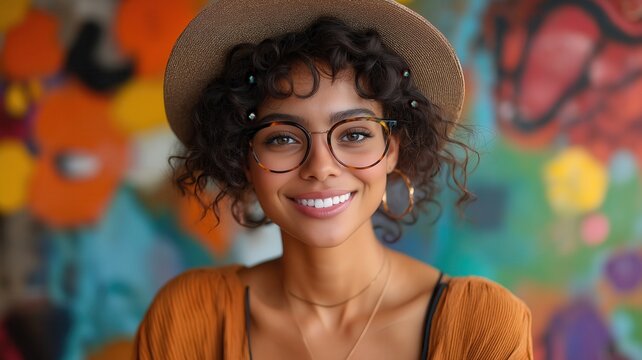 Portrait of a cheerful young woman with curly hair, wearing glasses and a straw hat, smiling against a vibrant graffiti wall background - Powered by Adobe