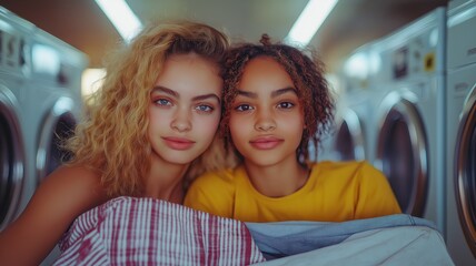 Fototapeta premium Two attractive young women posing together while doing laundry in a self service laundromat